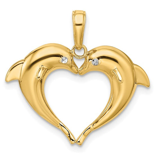 14K Yellow Gold Dolphin Kissing Heart Pendant