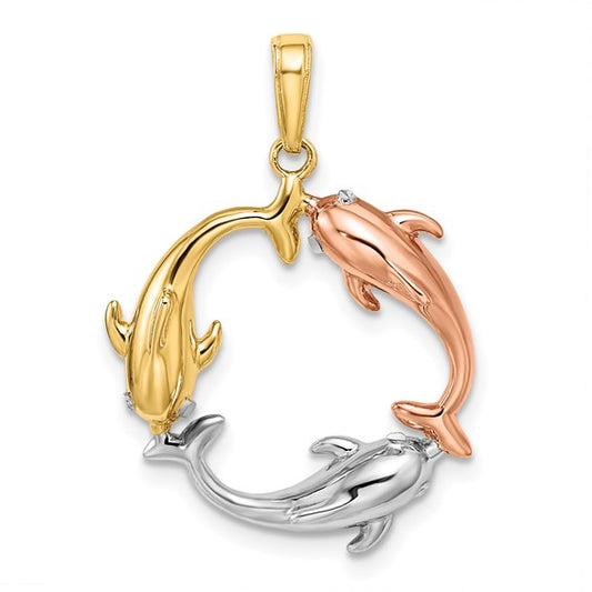 14K Tri Colored Gold Dolphin Circle Pendant