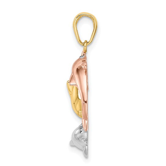 14K Tri Colored Gold Dolphin Circle Pendant