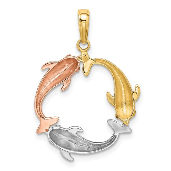 14K Tri Colored Gold Dolphin Circle Pendant