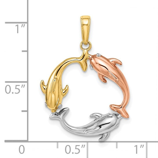 14K Tri Colored Gold Dolphin Circle Pendant