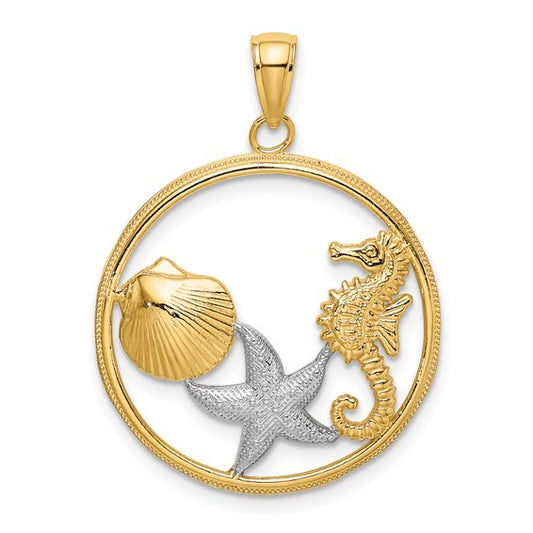 10K Yellow Gold Ocean Life Seahorse Star Fish Hoop Pendant
