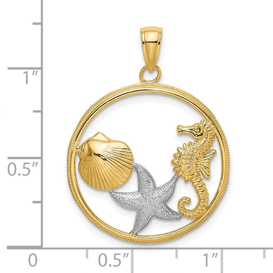10K Yellow Gold Ocean Life Seahorse Star Fish Hoop Pendant