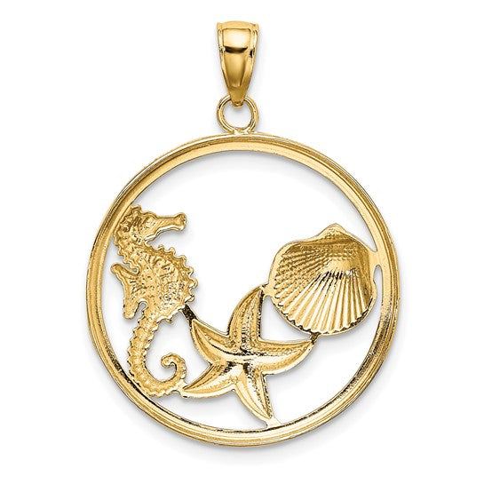 10K Yellow Gold Ocean Life Seahorse Star Fish Hoop Pendant
