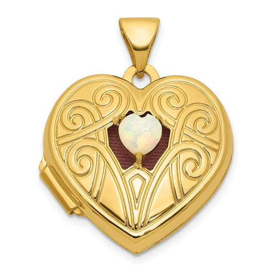 14K Yellow Gold Heart Locket Pendant With Natural Opal