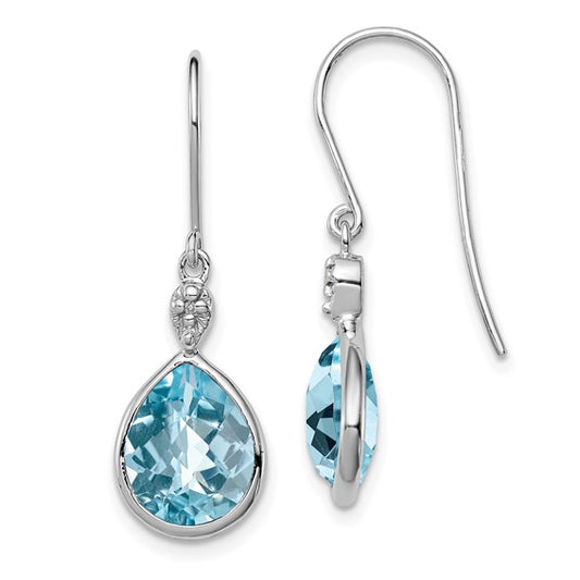 White Gold Filled Sterling Silver 5 Carat Natural Blue Topaz & Diamond Bezel Dangle Earrings
