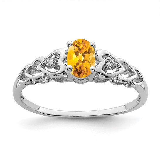 Sterling Silver White Gold Plated Heart Band Natural Citrine & Diamond Pendant