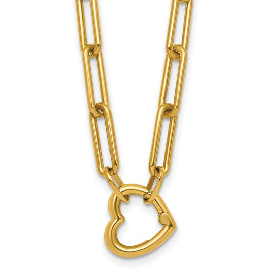14K Yellow Gold Heart Pendant Paperclip Necklace