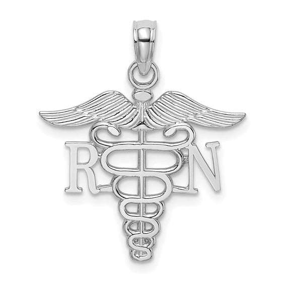 10K White/Yellow Gold RN Nurse Caduceus Large Pendant