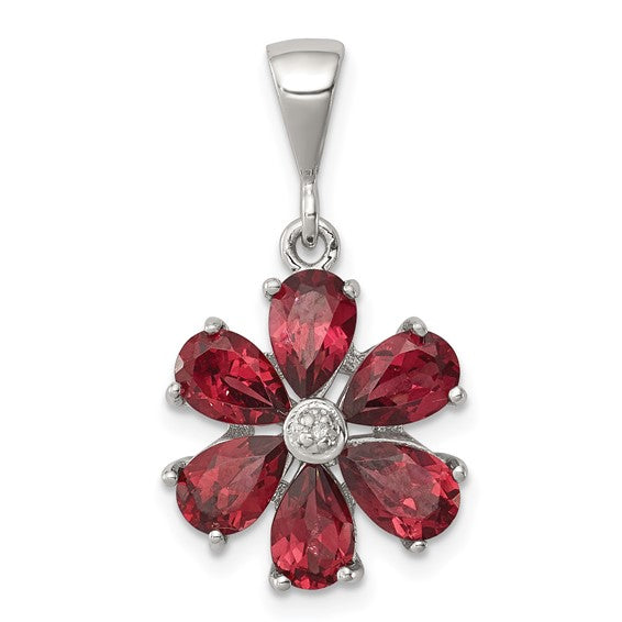 Sterling Silver Natural Garnet & Diamond Flower Pendant