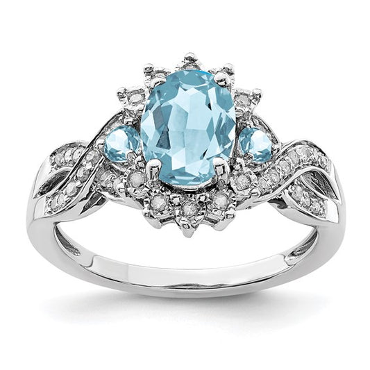 White Gold Filled Sterling Silver 3 Stone Blue Topaz & Diamond Twist Ring