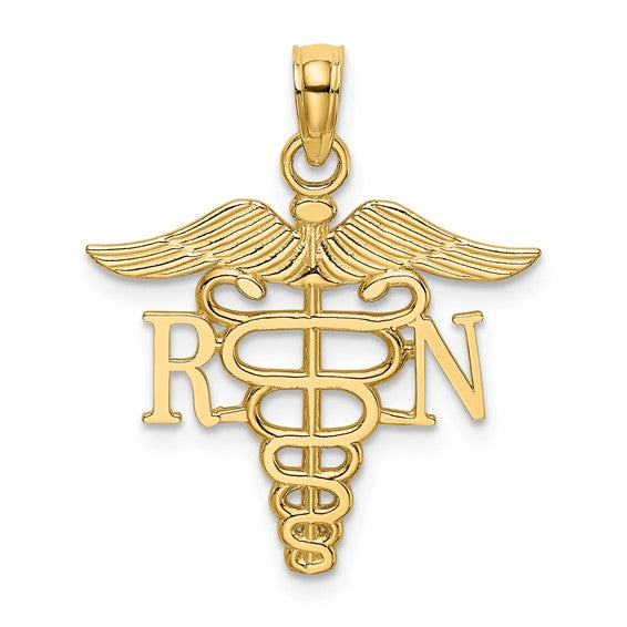 10K White/Yellow Gold RN Nurse Caduceus Large Pendant