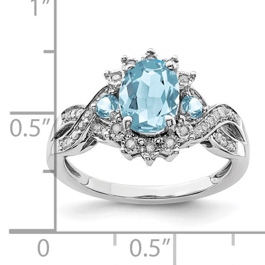 White Gold Filled Sterling Silver 3 Stone Blue Topaz & Diamond Twist Ring