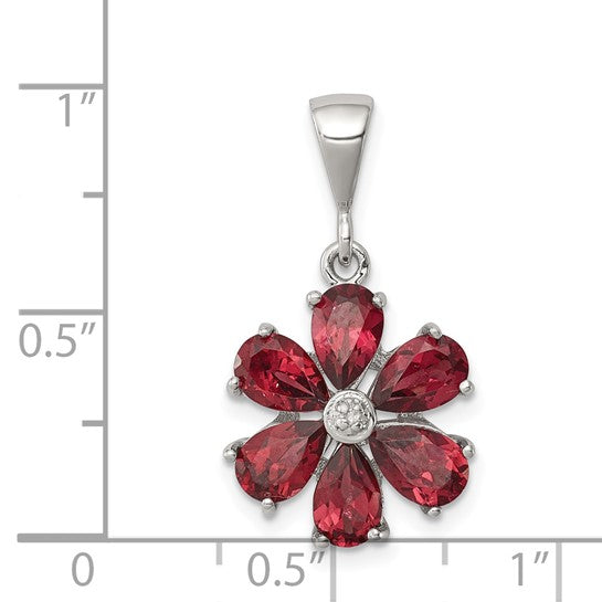 Sterling Silver Natural Garnet & Diamond Flower Pendant