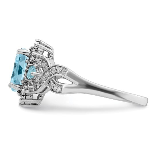 White Gold Filled Sterling Silver 3 Stone Blue Topaz & Diamond Twist Ring