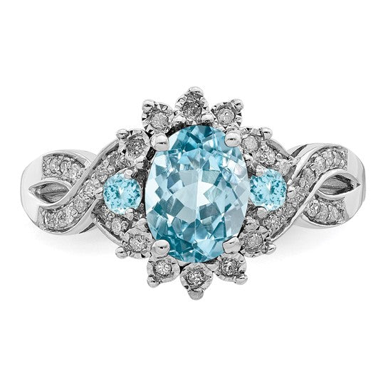 White Gold Filled Sterling Silver 3 Stone Blue Topaz & Diamond Twist Ring