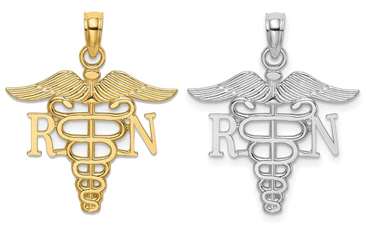 10K White/Yellow Gold RN Nurse Caduceus Large Pendant