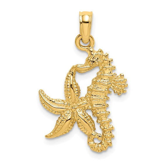 10K Yellow Gold Seahorse Star Fish Pendant