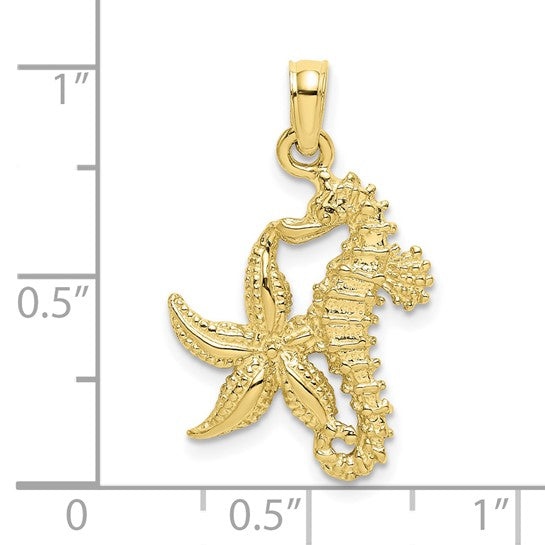 10K Yellow Gold Seahorse Star Fish Pendant