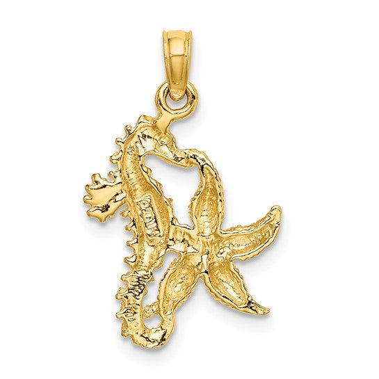 10K Yellow Gold Seahorse Star Fish Pendant