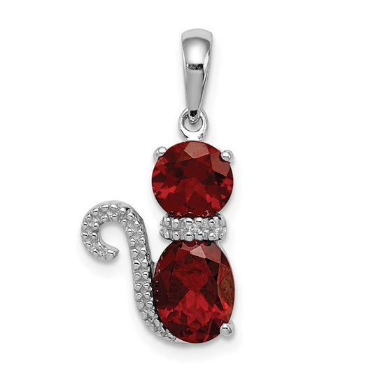 Sterling Silver Rhodium Plated Natural Garnet Cat Pet Pendant