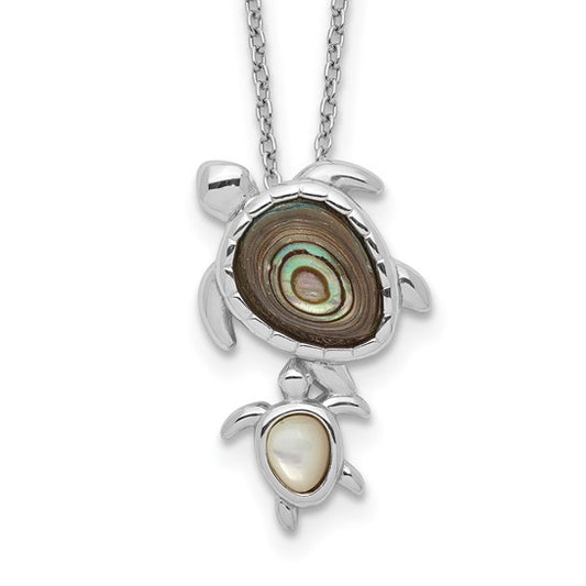 Sterling Silver Rhodium Plated Mother Of Pearle Turtle Pendant & Chain