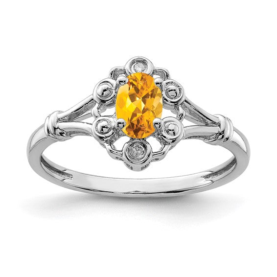 Sterling Silver White Gold Plated Natural Citrine & Diamond Center Ring