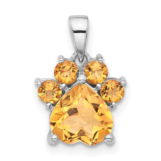 Sterling Silver White Gold Plated Dog Paw Print Natural Citrine Pendant