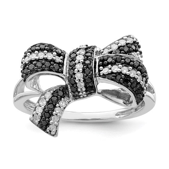White Night White Gold Filled Sterling Silver Black & White Diamond Ribbon Ring