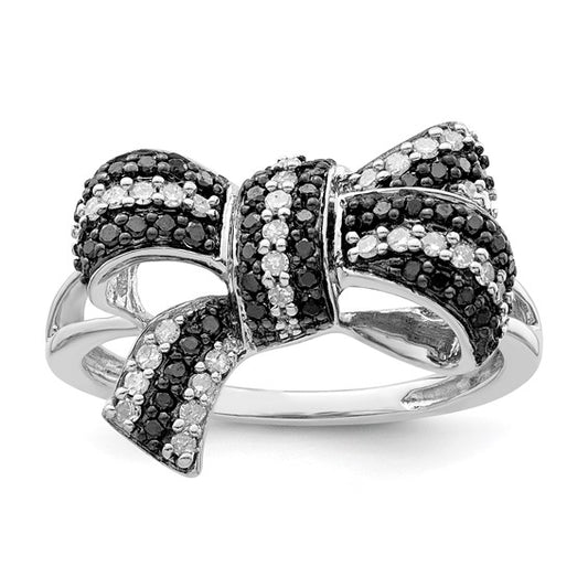 White Night White Gold Filled Sterling Silver Black & White Diamond Ribbon Ring
