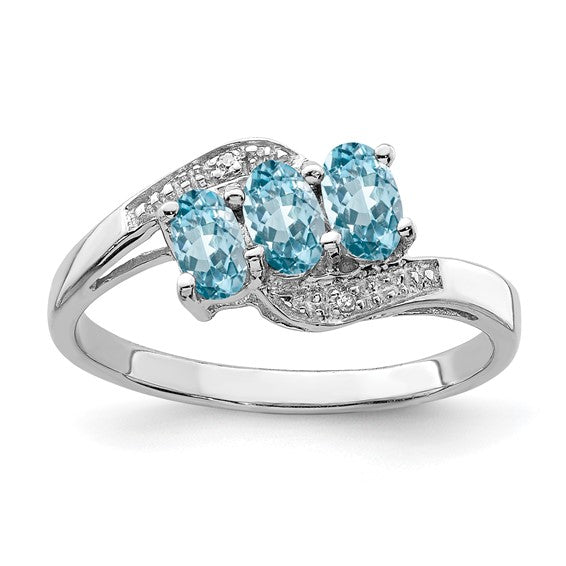 White Gold Filled Sterling Silver 3 Stone Natural Blue Topaz & Diamond Ring