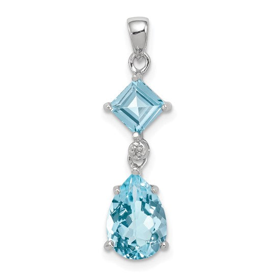 White Gold Filled Sterling Silver Double Cut Blue Topaz & Diamond Dangle Pendant