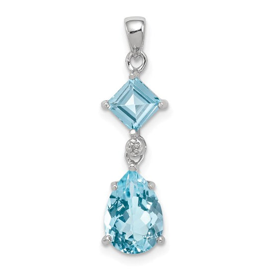 White Gold Filled Sterling Silver Double Cut Blue Topaz & Diamond Dangle Pendant
