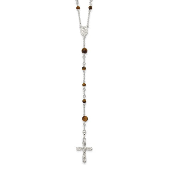 Sterling Silver 33" Natural Tiger's Eye Stone Rosary Beads