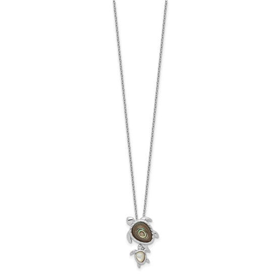 Sterling Silver Rhodium Plated Mother Of Pearle Turtle Pendant & Chain
