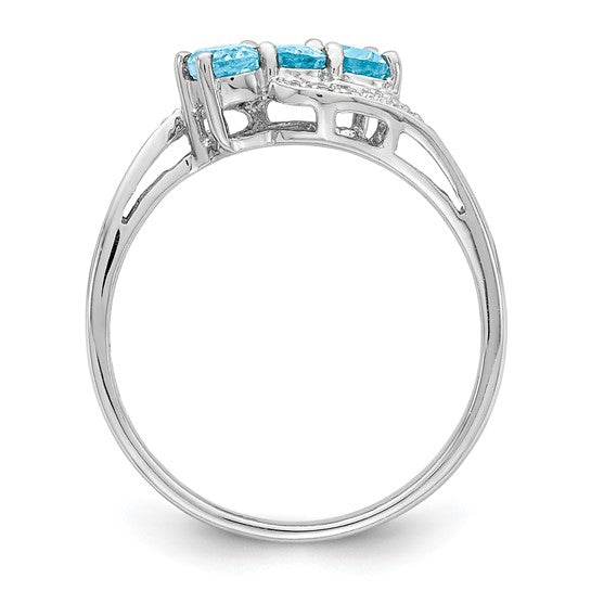 White Gold Filled Sterling Silver 3 Stone Natural Blue Topaz & Diamond Ring