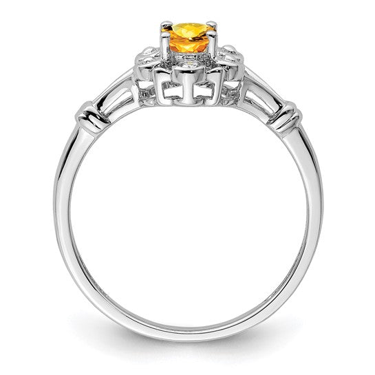 Sterling Silver White Gold Plated Natural Citrine & Diamond Center Ring