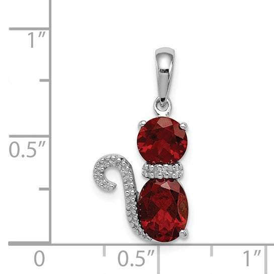 Sterling Silver Rhodium Plated Natural Garnet Cat Pet Pendant