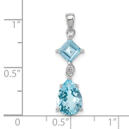 White Gold Filled Sterling Silver Double Cut Blue Topaz & Diamond Dangle Pendant