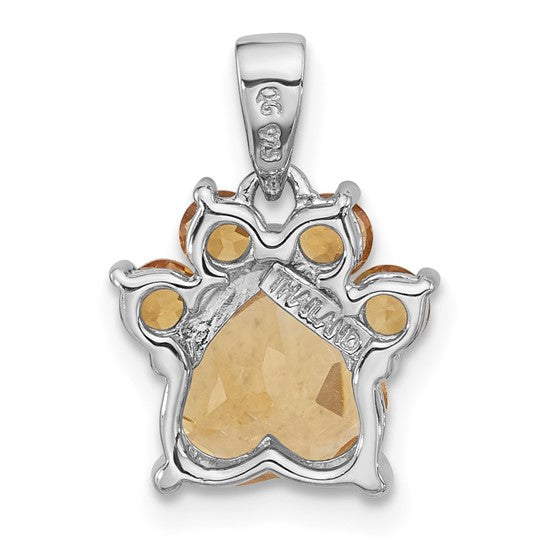 Sterling Silver White Gold Plated Dog Paw Print Natural Citrine Pendant