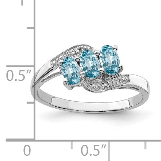 White Gold Filled Sterling Silver 3 Stone Natural Blue Topaz & Diamond Ring