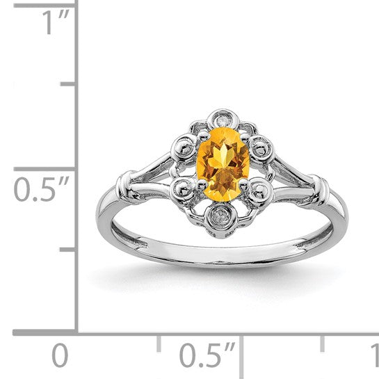 Sterling Silver White Gold Plated Natural Citrine & Diamond Center Ring