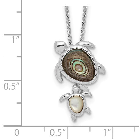 Sterling Silver Rhodium Plated Mother Of Pearle Turtle Pendant & Chain