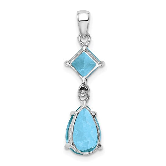 White Gold Filled Sterling Silver Double Cut Blue Topaz & Diamond Dangle Pendant