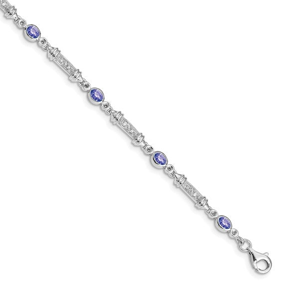 White Gold Filled Sterling Silver Natural Tanzanite & Diamond Rod Bracelet
