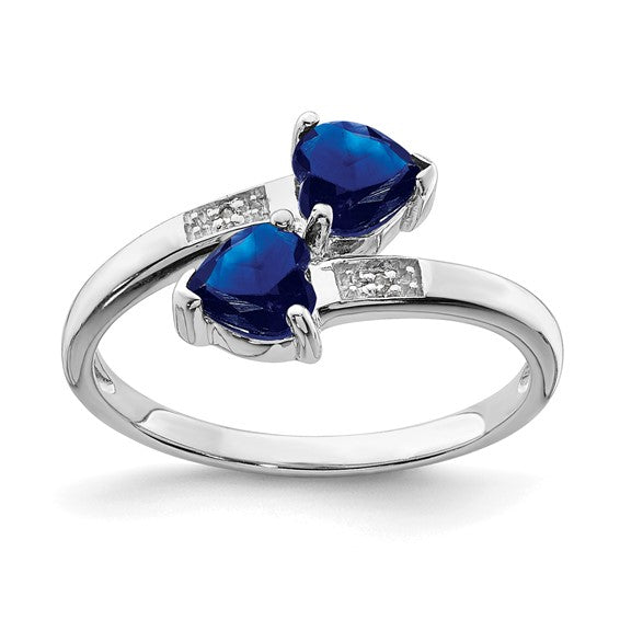 Sterling Silver Natural Sapphire & Diamond Heart 2 Stone Ring
