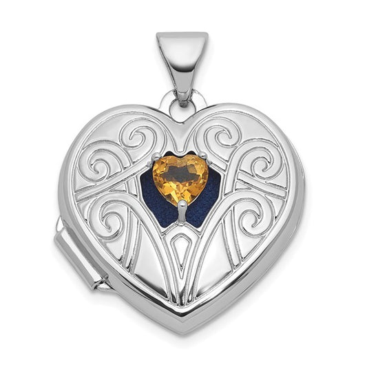 Sterling Silver White Gold Plated Citrine Locket Pendant Heart Shape Stone