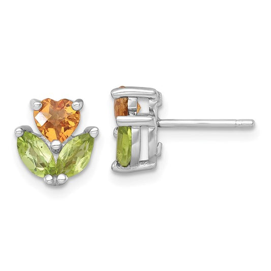 White Gold Plated Sterling Silver Natural Citrine & Peridot Flower Earrings