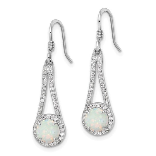 Sterling Silver White Gold Plated Lab Created Opal Dangle Earrings
