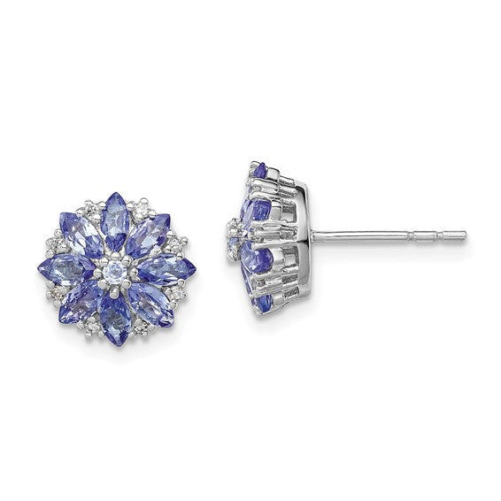 White Gold Filled Sterling Silver Natural Tanzanite & Diamond Stud Cluster Earrings